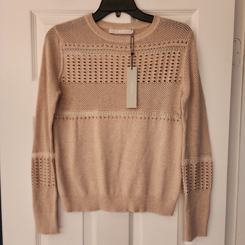 One Grey Day Pullover Open Knit Crewneck Sweater In Tan Size XS - Picture 2 of 12